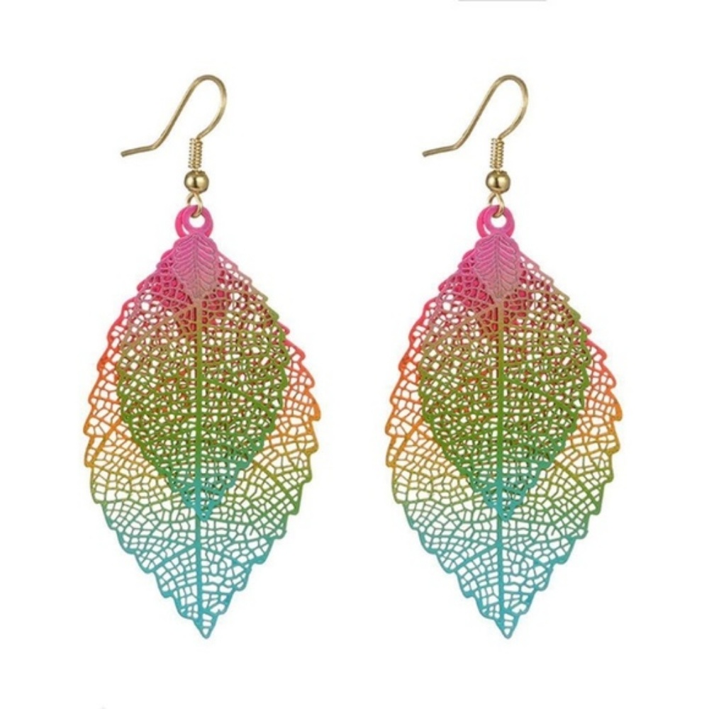Festival Boho Rainbow Leaf Dangle Earrings - Picture 4 of 4